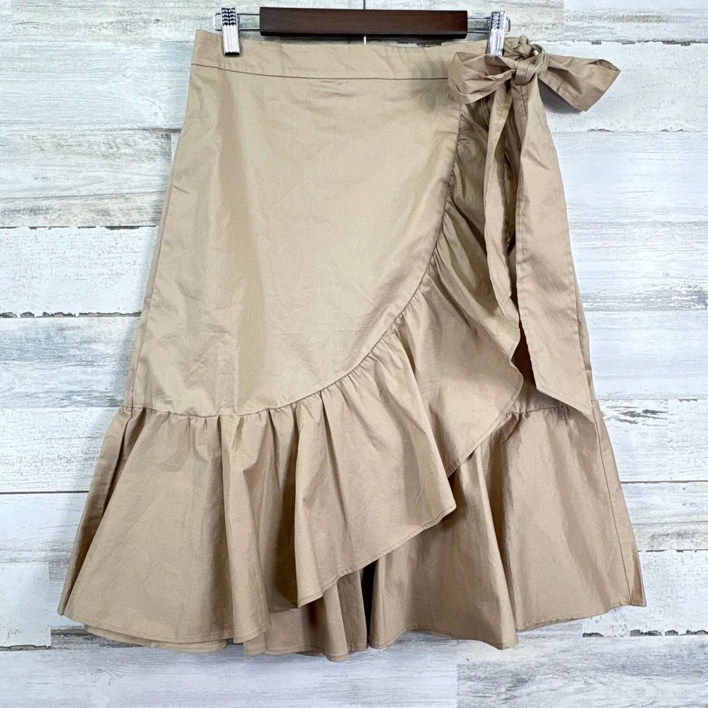 Ann Taylor LOFT‎ Tan Faux Wrap Midi Skirt Ruffle Tie Waist Size 6